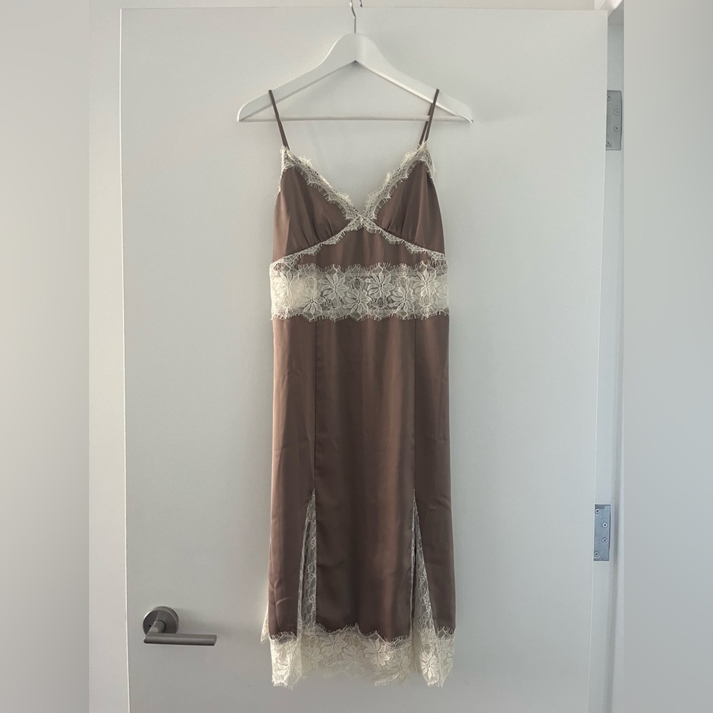 Urban Outfitters Brown Slip Dress with Ivory Lace Trim